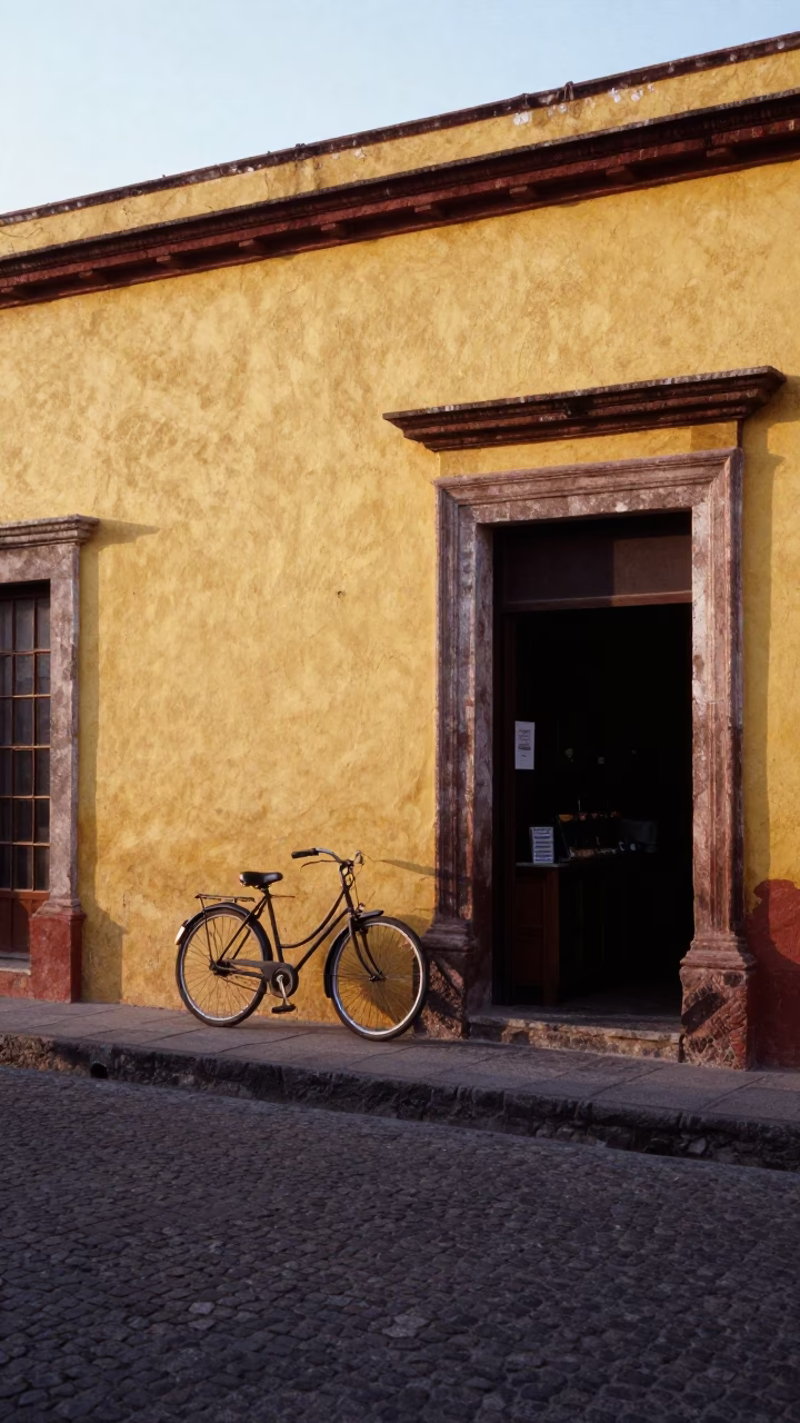 Early Morning Street Scene in Oaxaca Mexico with Bicycle and Bakery Facade in in Oaxaca, Mexico