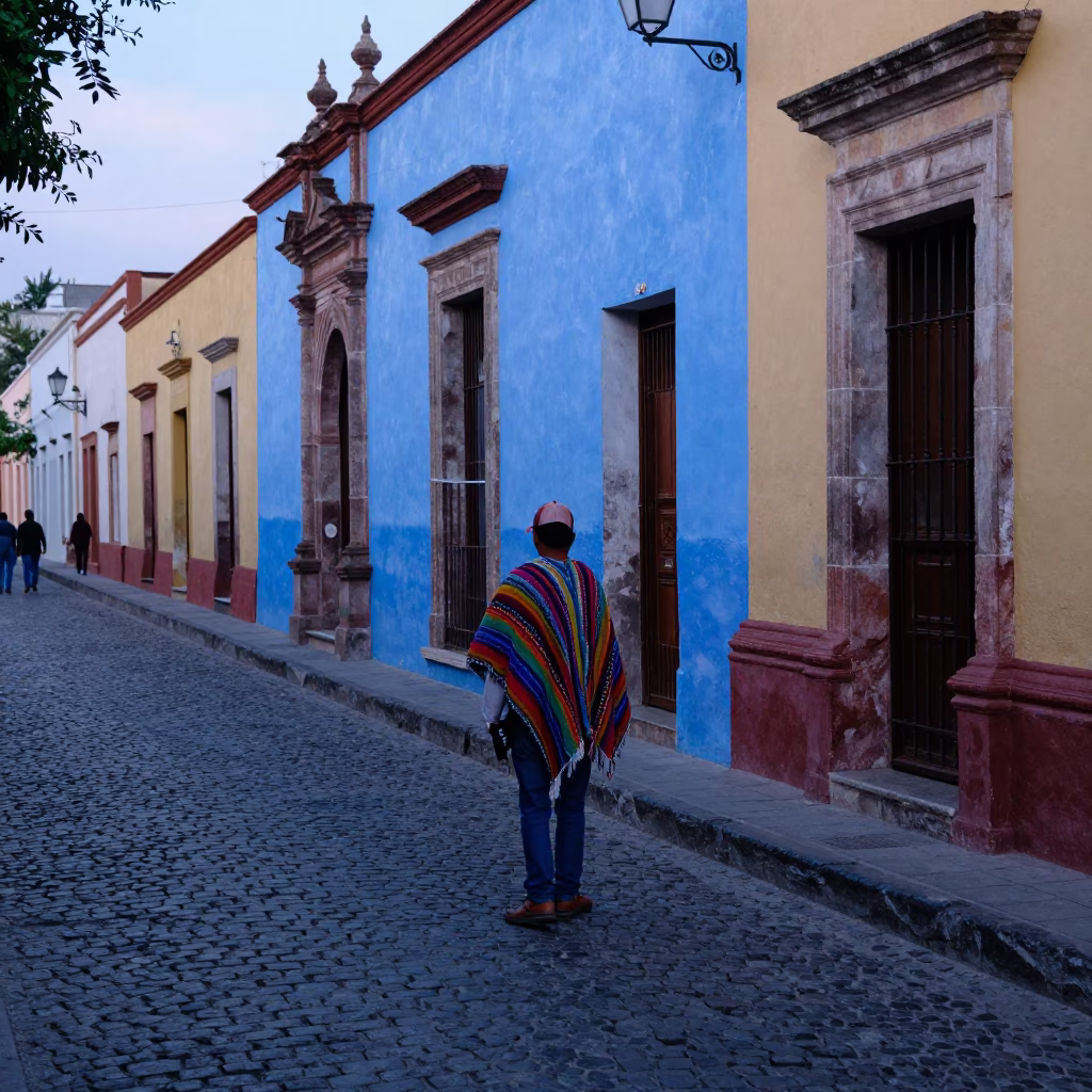 Early Morning Street Scene in Oaxaca Mexico with Colorful Poncho and Plant Pot in in Oaxaca, Mexico