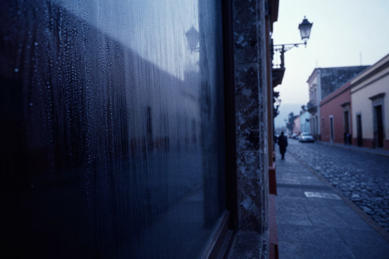 Early Morning Street Scene in Oaxaca Mexico with Condensation on Window Frame in in Oaxaca, Mexico