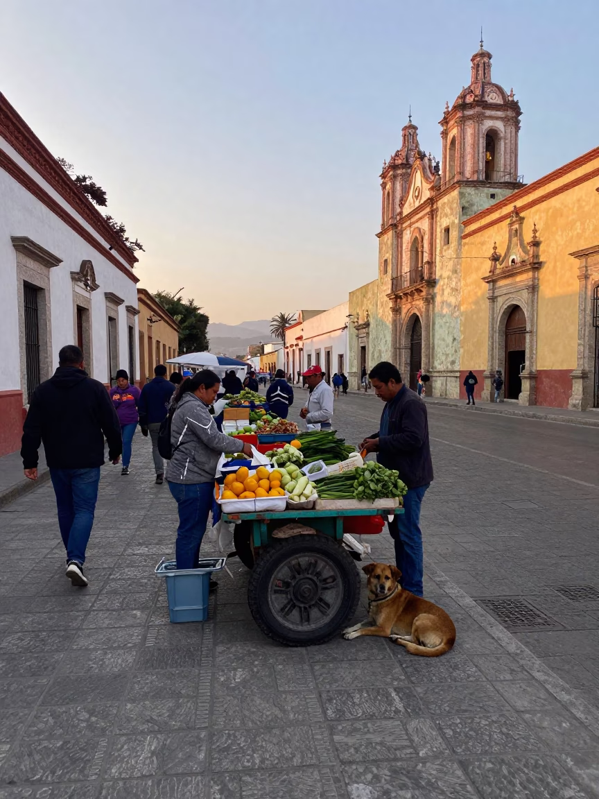 Early Morning Street Scene in Oaxaca Mexico with Local Market Activity in in Oaxaca, Mexico