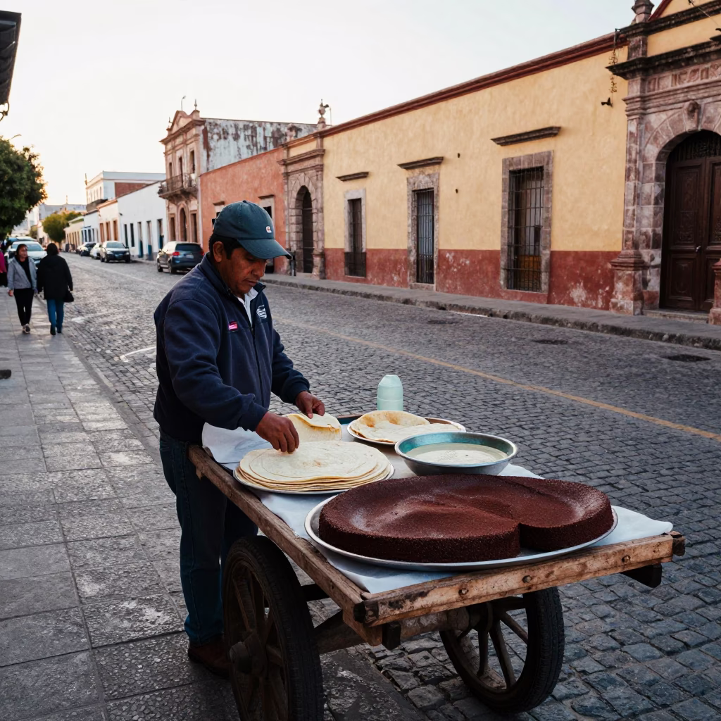 Early Morning Street Scene in Oaxaca Mexico with Local Vendor and Traditional Food in in Oaxaca, Mexico