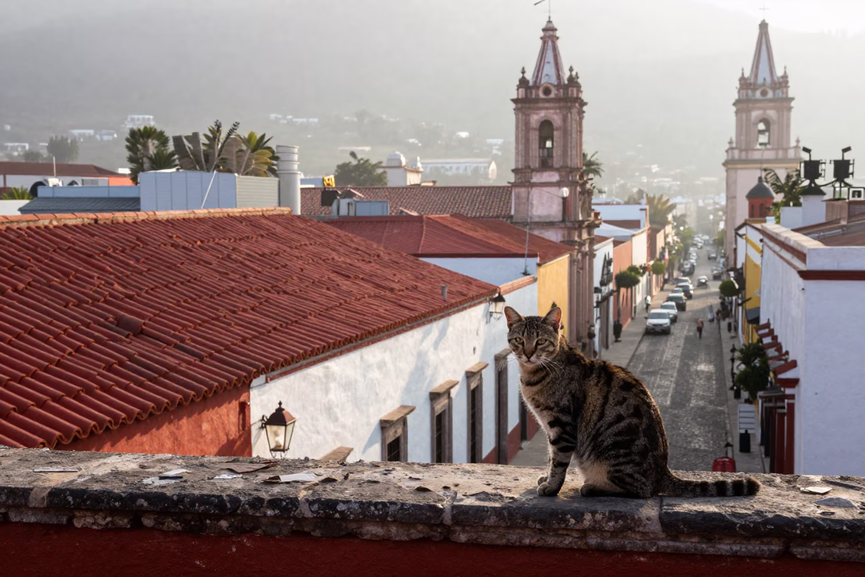 Early Morning Street Scene in Oaxaca Mexico with Tabby Cat and Local Market Activity in in Oaxaca, Mexico