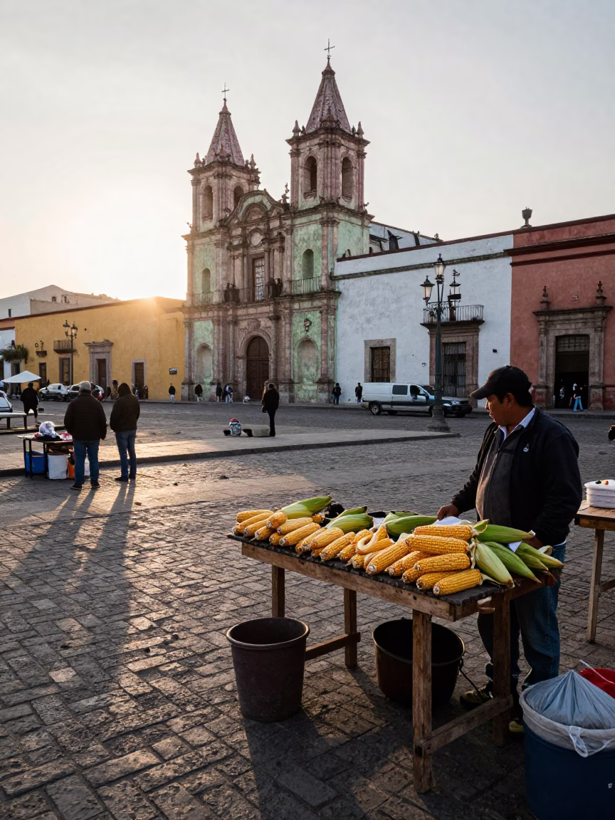 Early Morning Street Scene in Oaxaca Mexico with Traditional Market Elements in in Oaxaca, Mexico