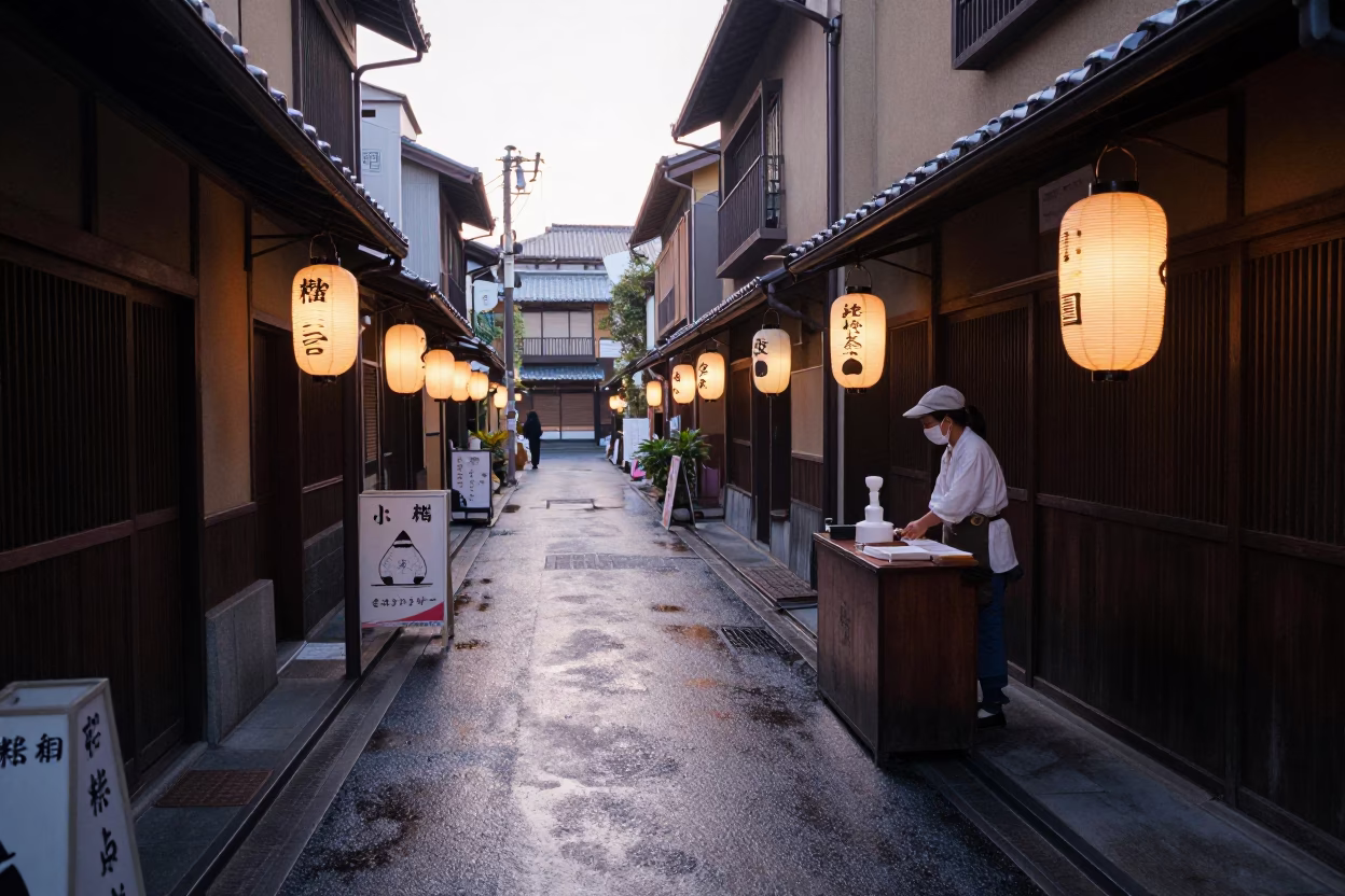 Early Morning Street Scene in Osaka Japan with Lanterns and Onigiri in in Osaka, Japan