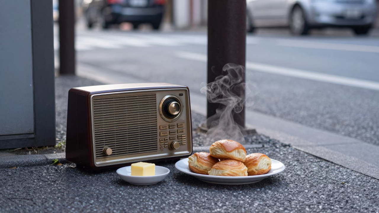Early Morning Street Scene in Osaka Japan with Vintage Radio and Pastries in in Osaka, Japan