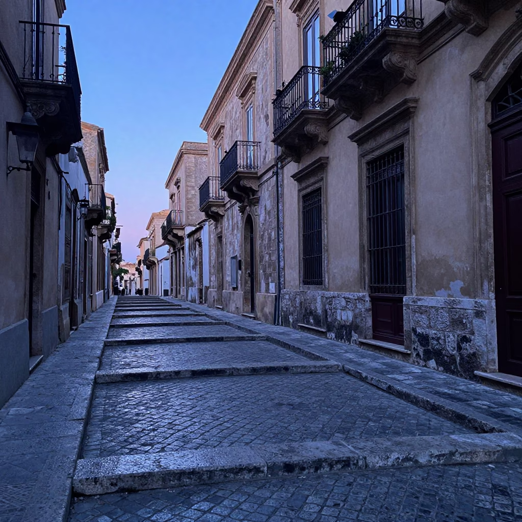 Early Morning Street Scene in Palermo Italy Before Sunrise with Stone Architecture in in Palermo, Italy