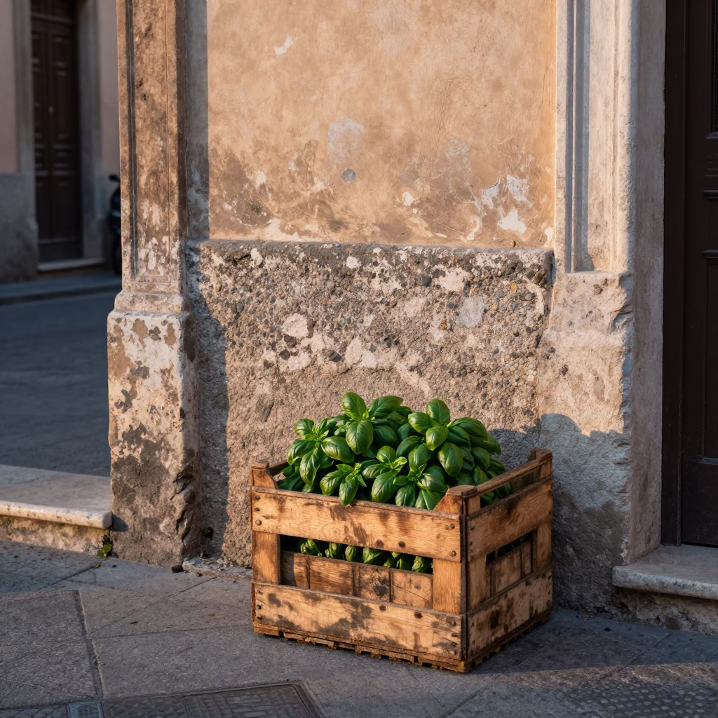 Early Morning Street Scene in Palermo Italy with Crate and Basil Leaves in in Palermo, Italy