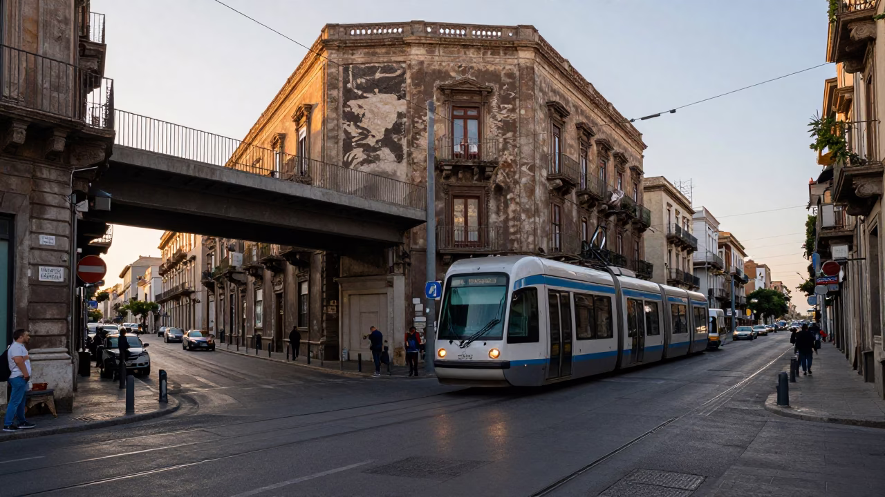 Early morning street scene in Palermo Italy with monorail and local architecture in in Palermo, Italy