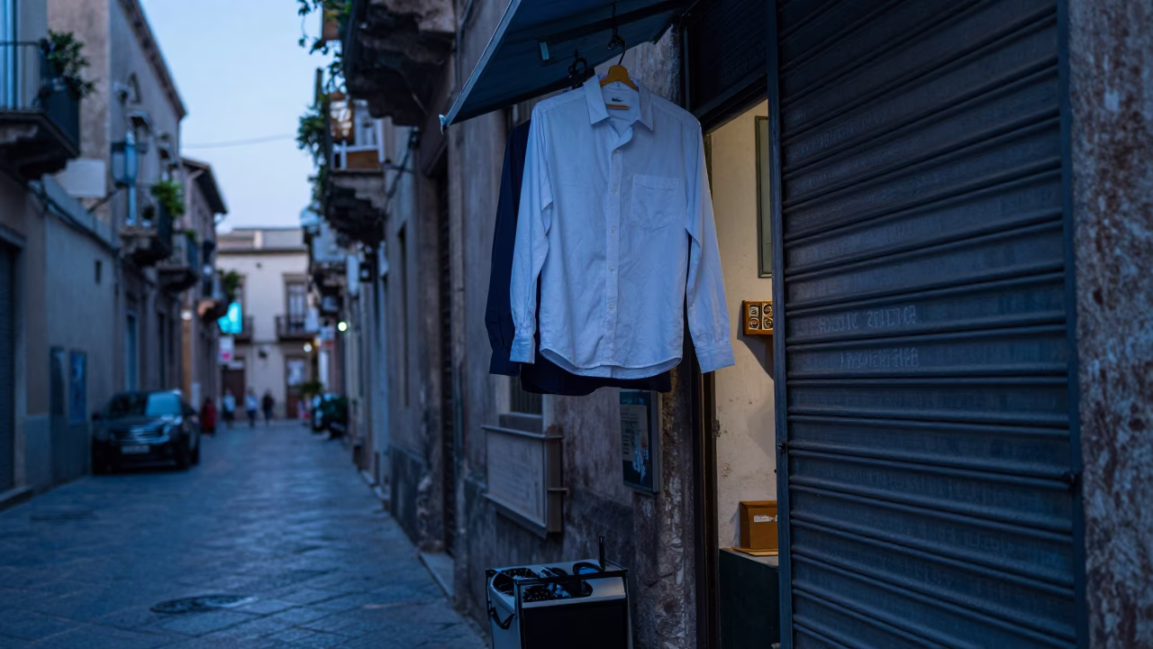 Early Morning Street Scene in Palermo Italy with Shirt Hanger and Kitchen Utensil in in Palermo, Italy