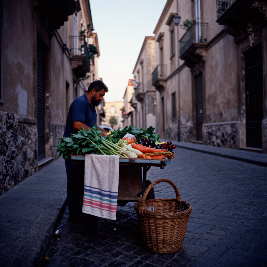 Early Morning Street Scene in Palermo Italy with Striped Towel and Wicker Basket in in Palermo, Italy