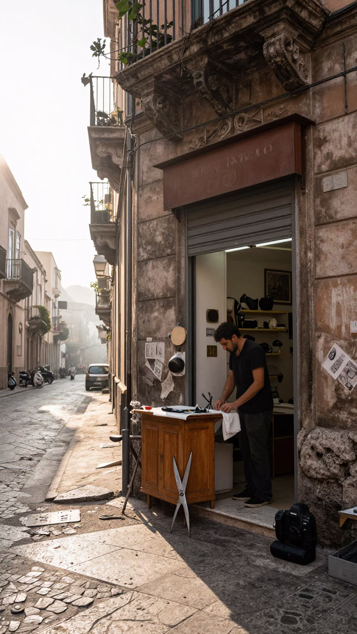 Early Morning Street Scene in Palermo Italy with Tailor Shears and Concrete Viaduct in in Palermo, Italy