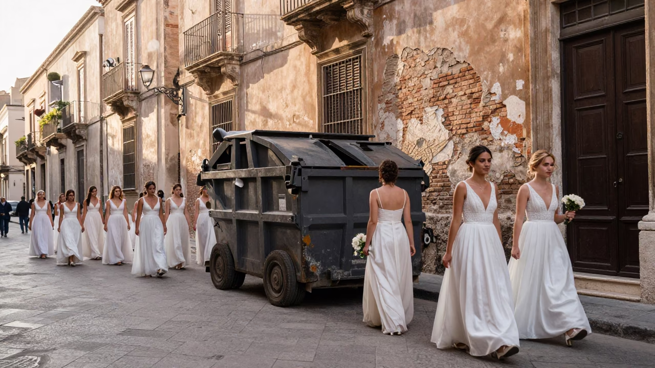 Early Morning Street Scene in Palermo Italy with Traditional Wedding Procession and Demolition Dumpster in in Palermo, Italy