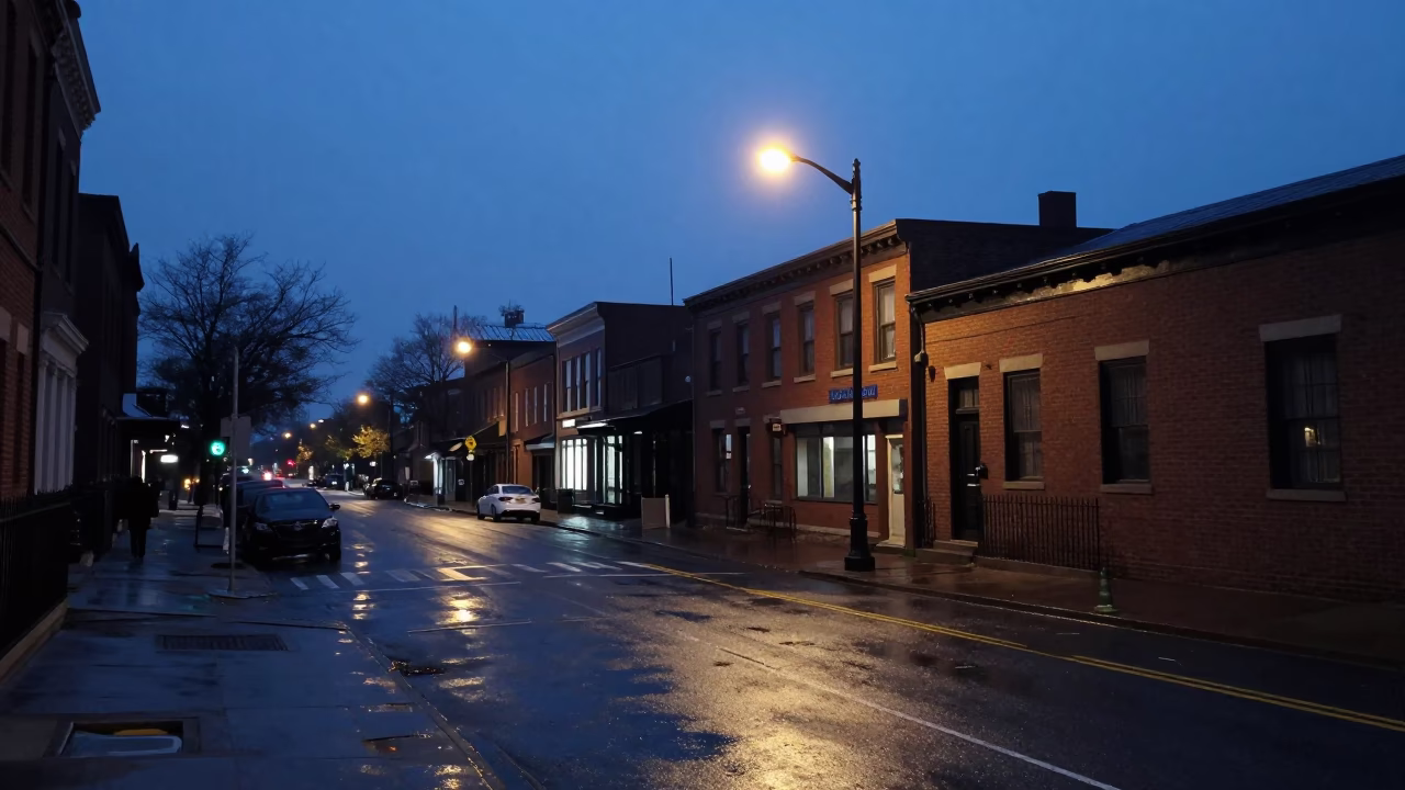 Early Morning Street Scene in Philadelphia Pennsylvania Before Dawn with Urban Details in in Philadelphia, Pennsylvania, United States