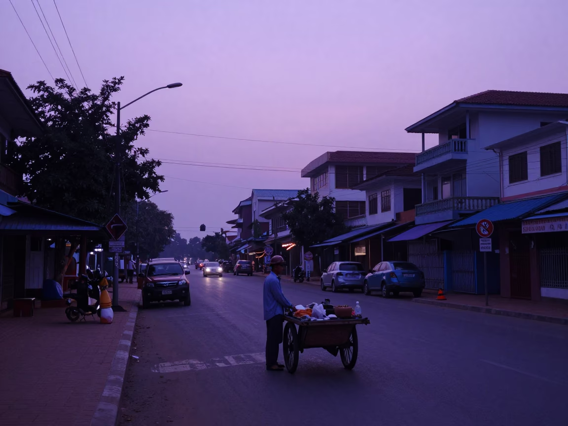 Early Morning Street Scene in Phnom Penh Cambodia Before Sunrise in in Phnom Penh, Cambodia