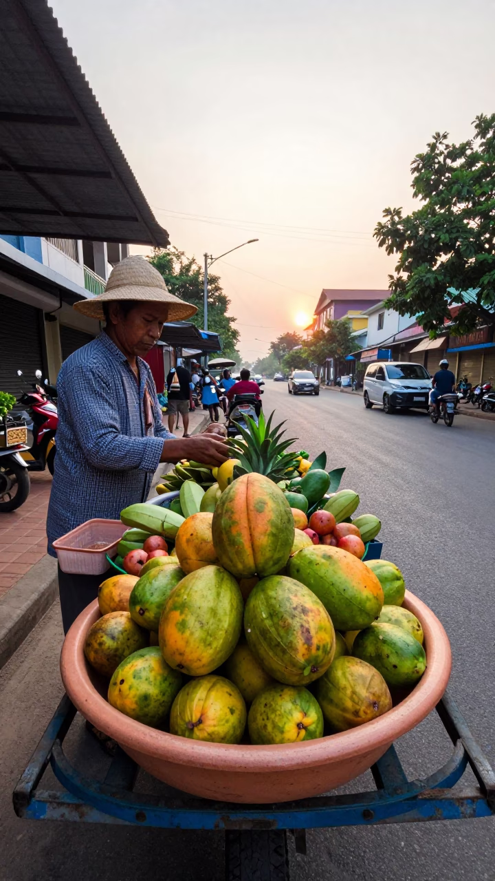Early Morning Street Scene in Phnom Penh Cambodia with Ceramic Bowl and Scooter in in Phnom Penh, Cambodia