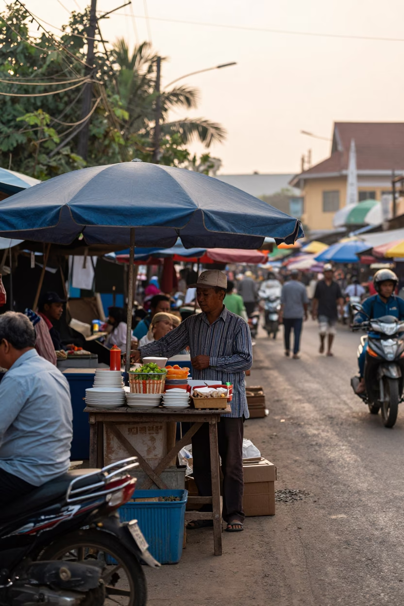 Early Morning Street Scene in Phnom Penh Cambodia with Local Market Details in in Phnom Penh, Cambodia