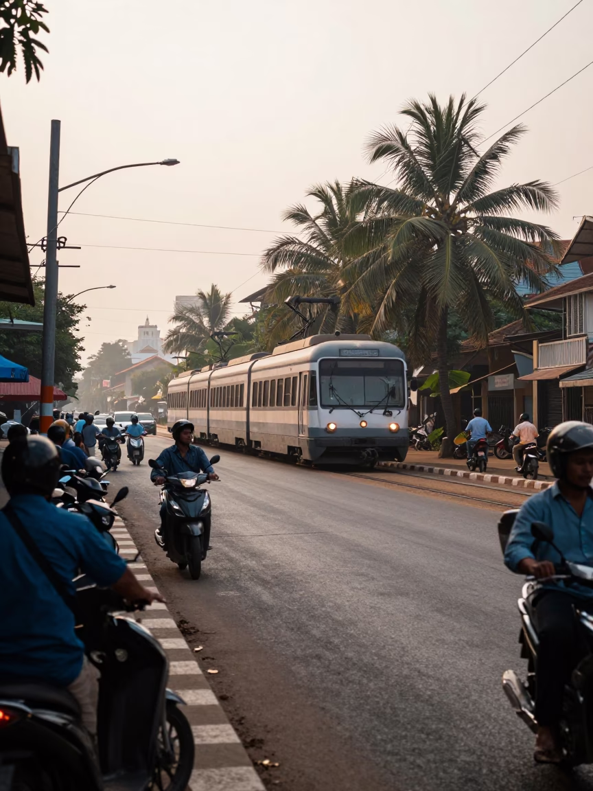 Early Morning Street Scene in Phnom Penh Cambodia with Monorail and Palm Trees in in Phnom Penh, Cambodia