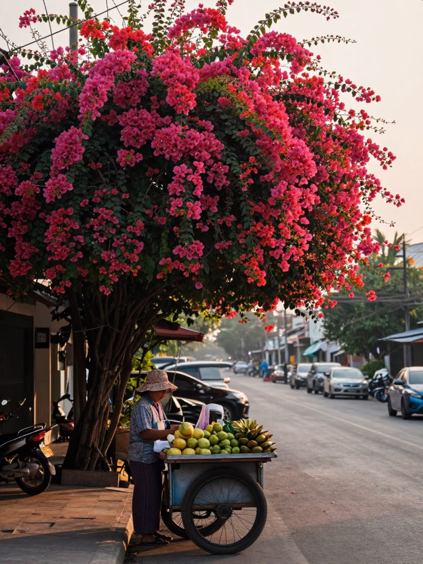 Early Morning Street Scene in Phuket Thailand with Bougainvillea and Local Life in in Phuket, Thailand