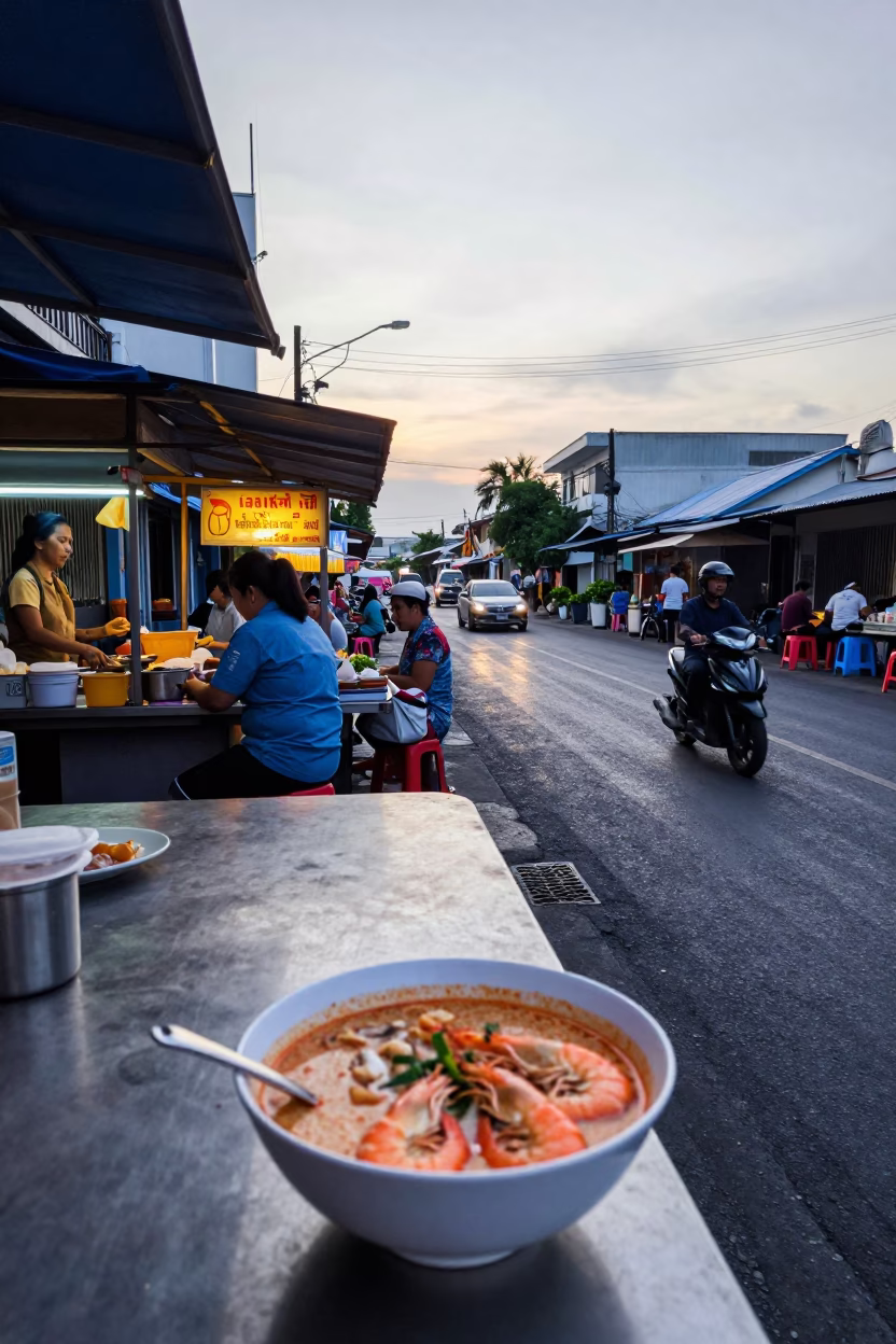 Early Morning Street Scene in Phuket Thailand with Local Food and Daily Life in in Phuket, Thailand