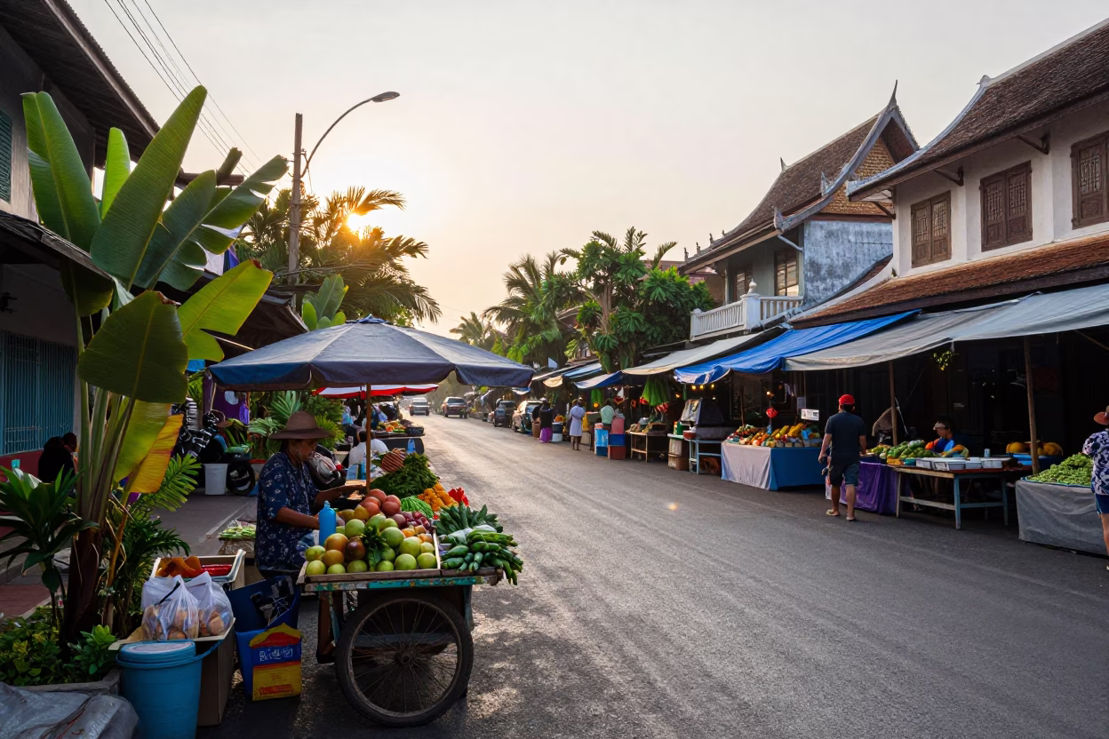 Early Morning Street Scene in Phuket Thailand with Local Market Activity in in Phuket, Thailand
