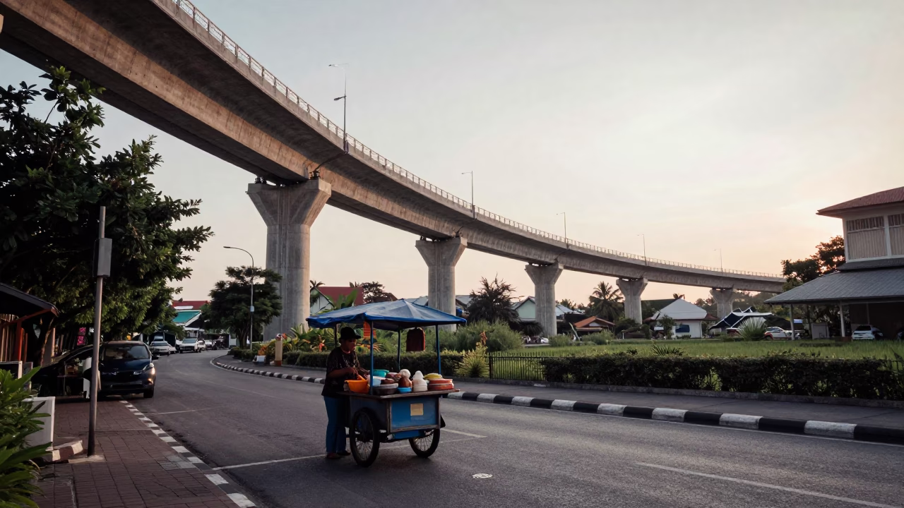 Early Morning Street Scene in Phuket Thailand with Local Vendor and Concrete Viaduct in in Phuket, Thailand
