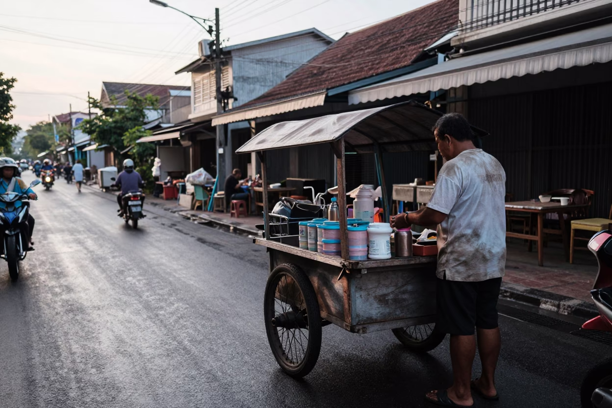 Early Morning Street Scene in Phuket Thailand with Local Vendor and Wooden Cart in in Phuket, Thailand