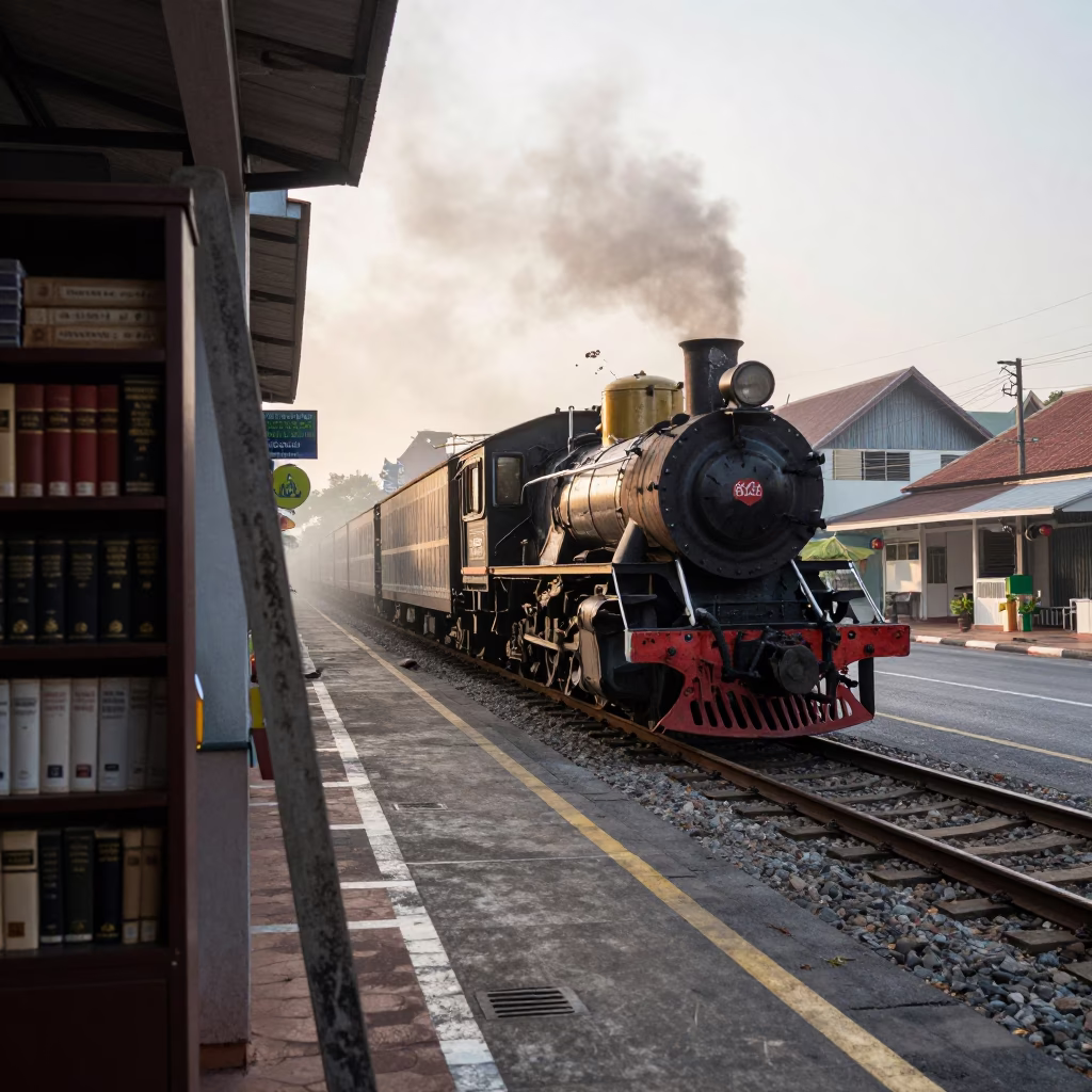 Early morning street scene in Phuket Thailand with steam train and coffee cherries in in Phuket, Thailand