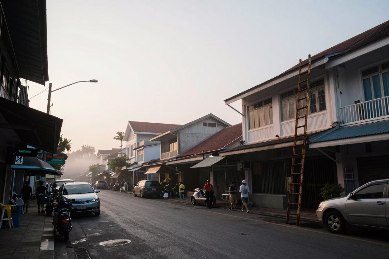 Early Morning Street Scene in Phuket Thailand with Tea Stains and Ladder in in Phuket, Thailand