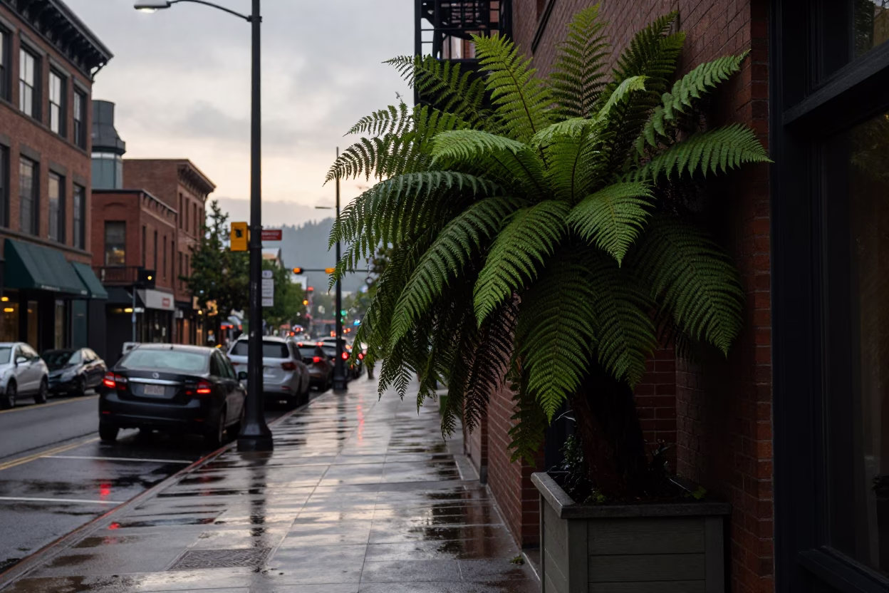 Early Morning Street Scene in Portland Oregon with Ferns and Urban Details in in Portland, Oregon, United States