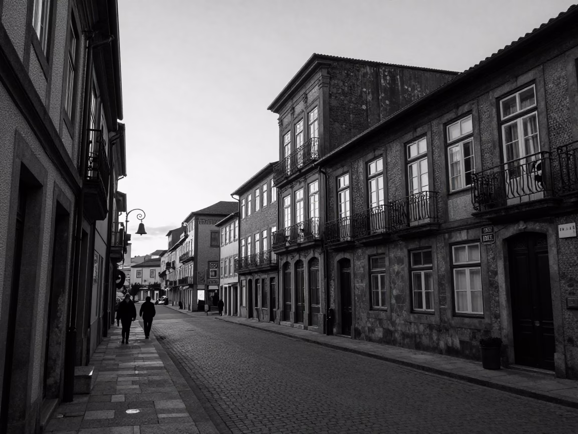 Early Morning Street Scene in Porto Portugal Before Dawn with Bell and Chair in in Porto, Portugal