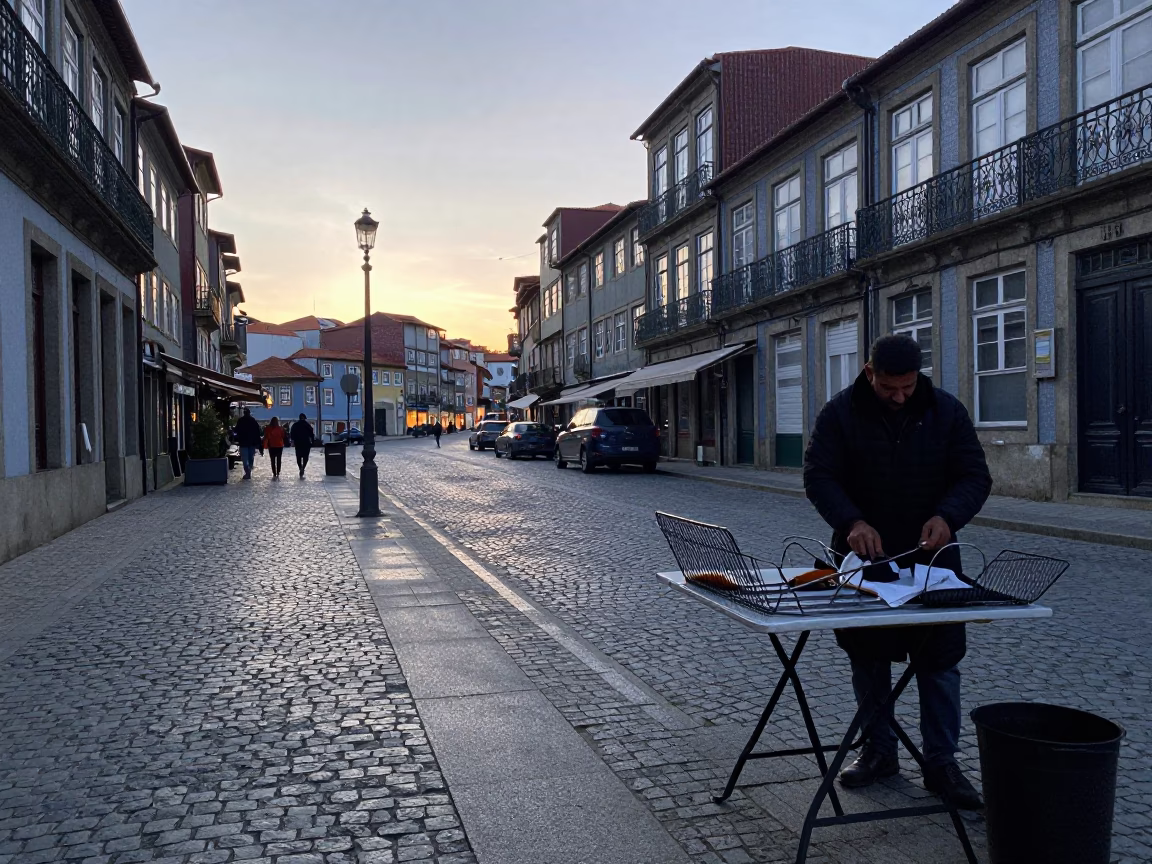 Early Morning Street Scene in Porto Portugal Before Sunrise with Local Market Details in in Porto, Portugal