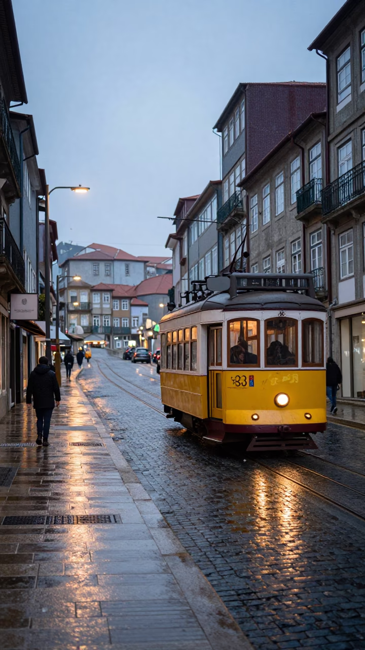 Early Morning Street Scene in Porto Portugal with Classic Tram and Cobblestones in in Porto, Portugal