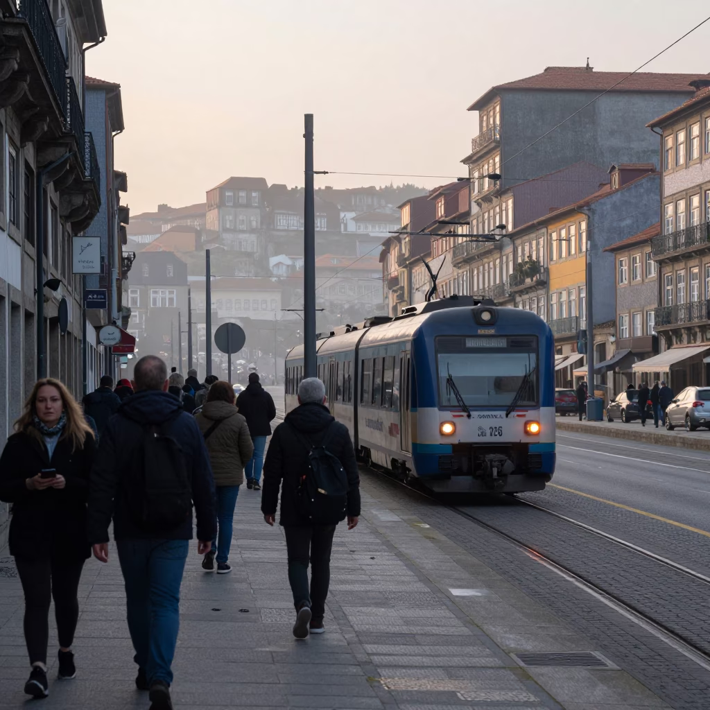 Early Morning Street Scene in Porto Portugal with Commuter Train and Bougainvillea in in Porto, Portugal