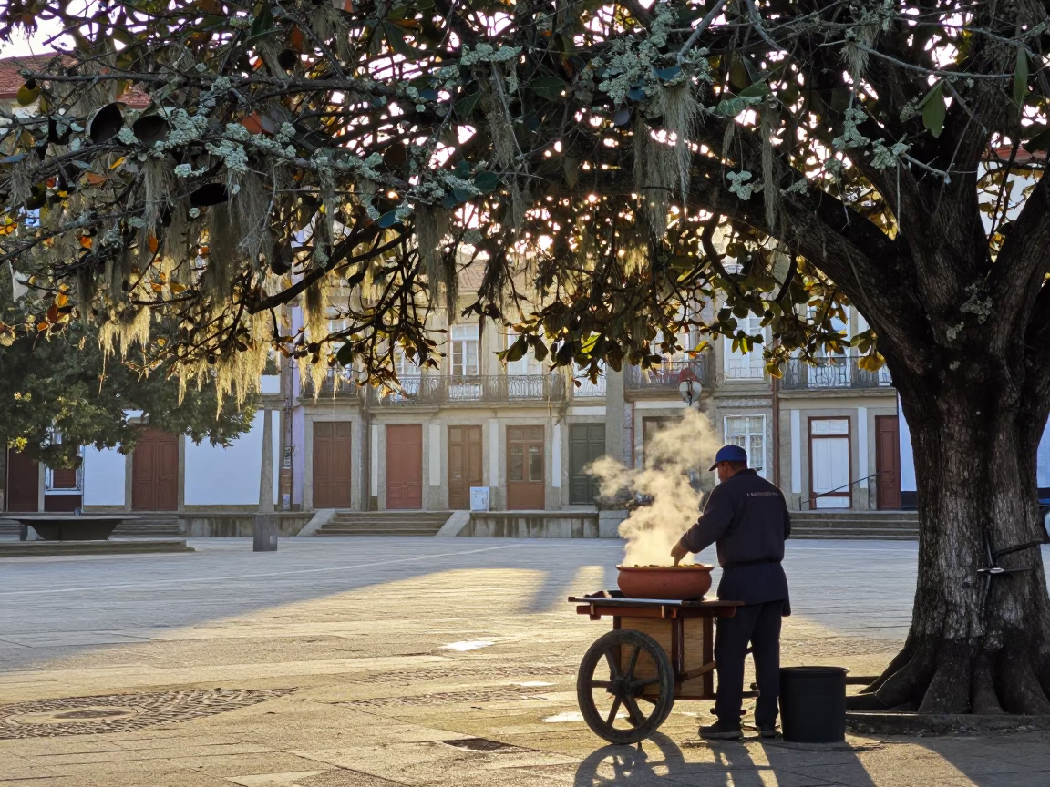 Early Morning Street Scene in Porto Portugal with Lichen and Clay Pot in in Porto, Portugal