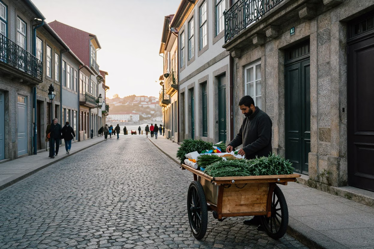 Early Morning Street Scene in Porto Portugal with Local Market Goods and Historic Architecture in in Porto, Portugal