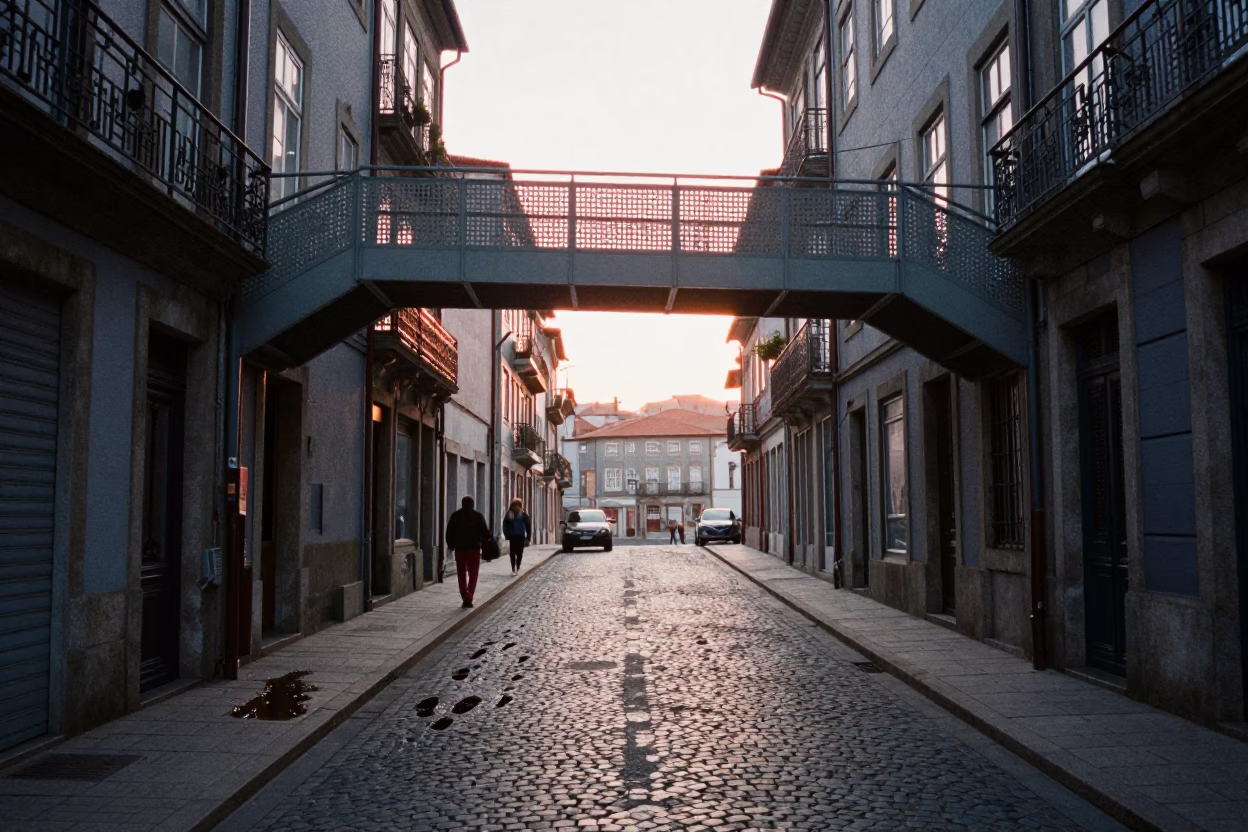 Early Morning Street Scene in Porto Portugal with Pedestrian Overpass and Wet Footsteps in in Porto, Portugal