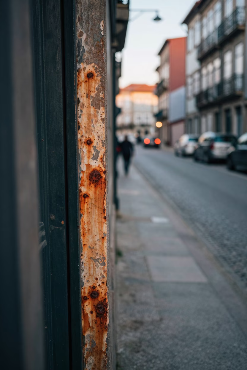 Early Morning Street Scene in Porto Portugal with Rust and Paint Details in in Porto, Portugal