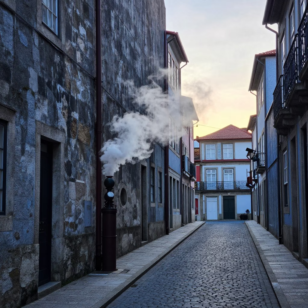 Early Morning Street Scene in Porto Portugal with Steaming Pipes and Frost in in Porto, Portugal