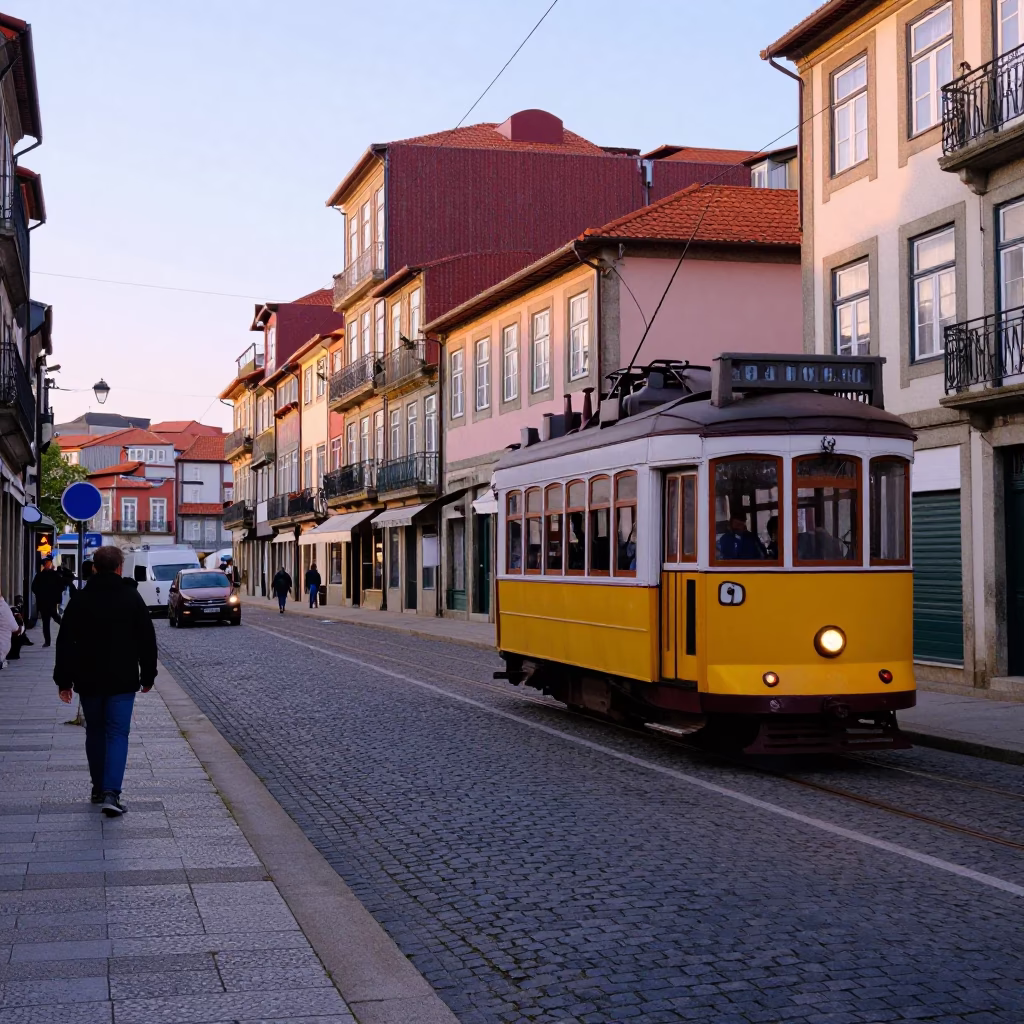 Early Morning Street Scene in Porto Portugal with Tram and Local Market Activity in in Porto, Portugal