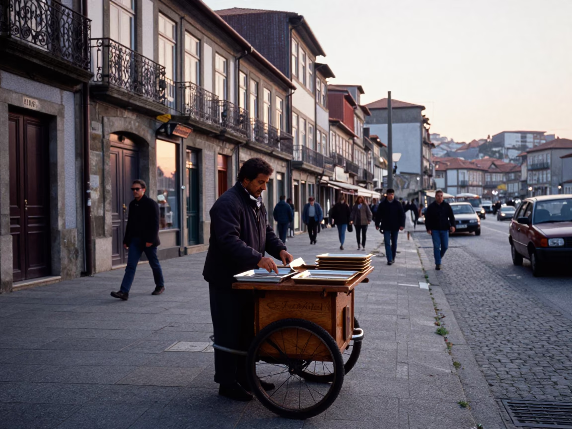 Early Morning Street Scene in Porto Portugal with Vintage Details and Local Morning Coffee in in Porto, Portugal