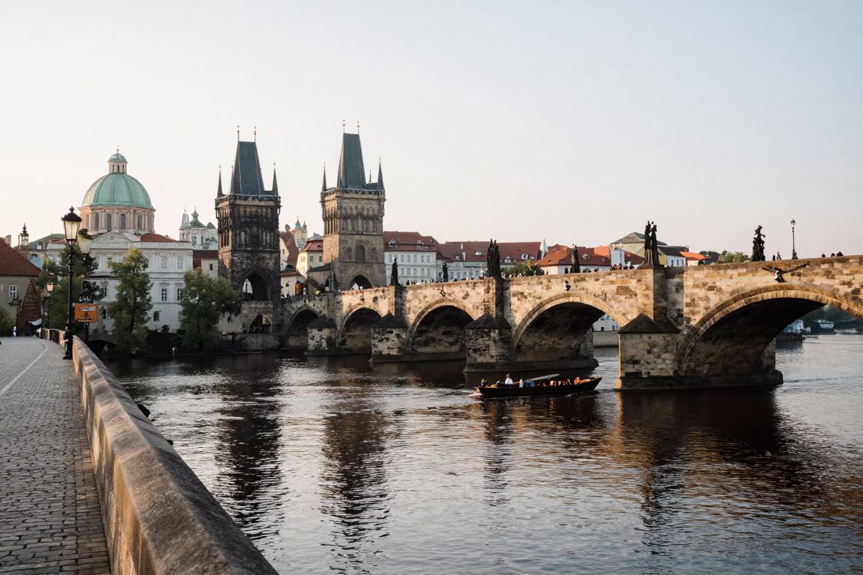 Early Morning Street Scene in Prague with Gothic Bridge and River Reflections in in Prague, Czech Republic