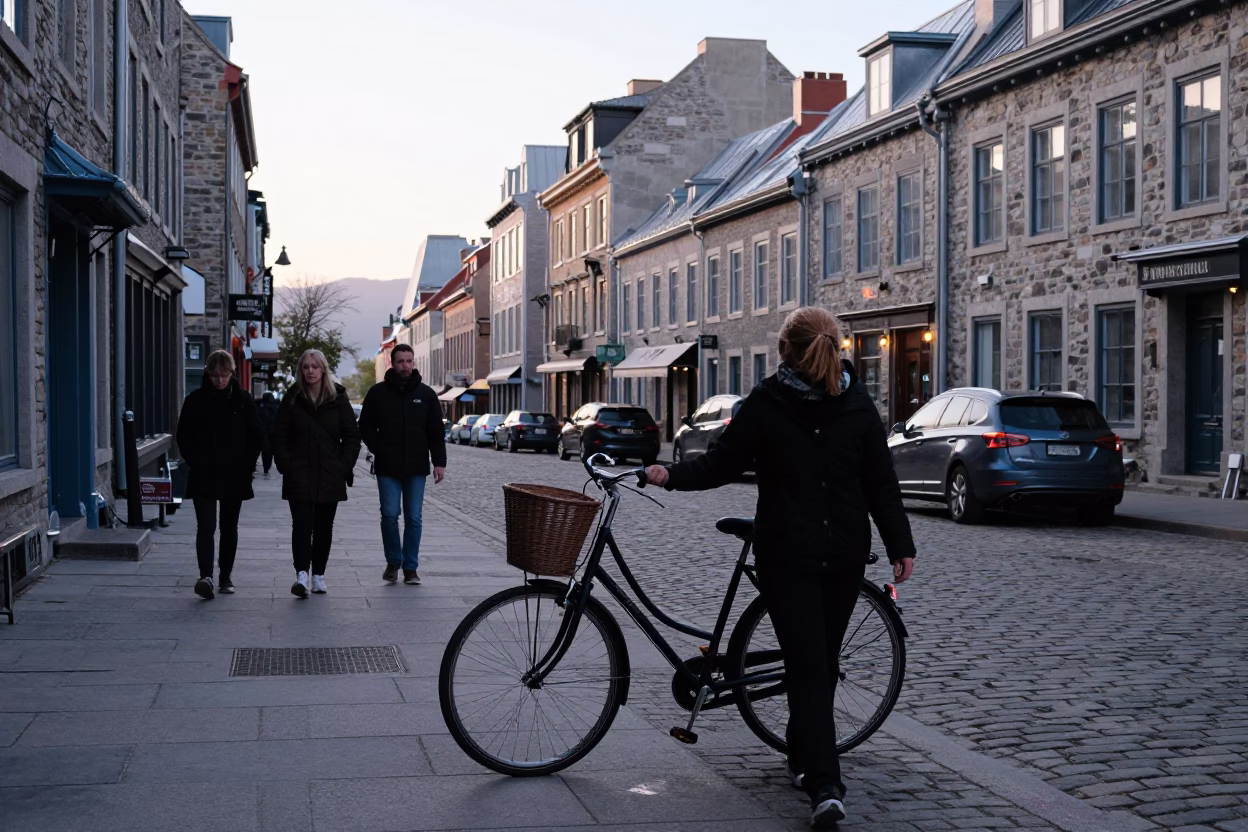 Early Morning Street Scene in Quebec City Featuring Bicycle Basket and Vintage Atmosphere in in Quebec City, Quebec, Canada