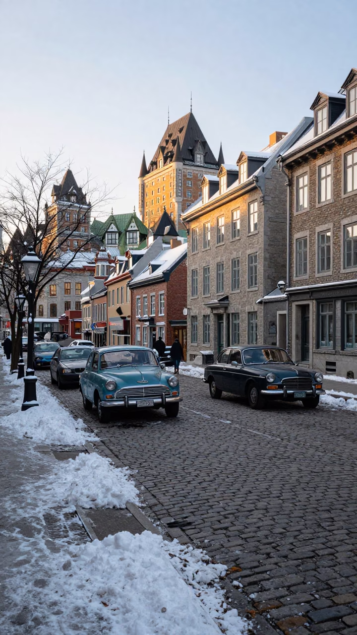 Early Morning Street Scene in Quebec City With Snowy Cobblestones And Vintage Cars in in Quebec City, Quebec, Canada