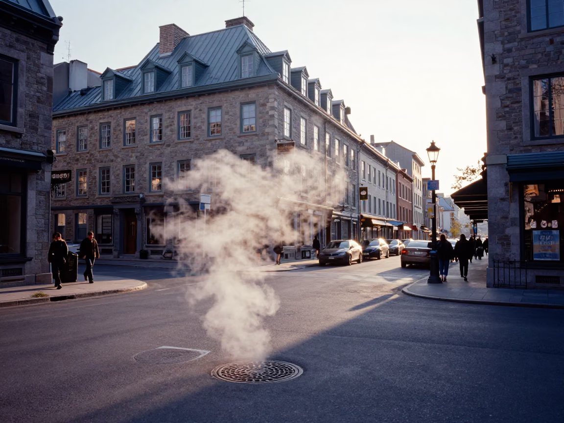 Early Morning Street Scene in Quebec City with Steam and Urban Activity in in Quebec City, Quebec, Canada
