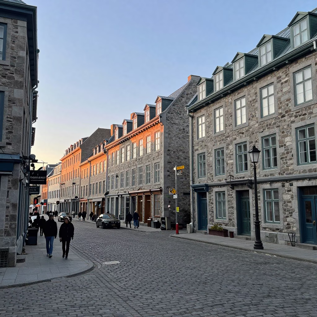 Early Morning Street Scene in Quebec City with Stone Buildings and Pedestrians in in Quebec City, Quebec, Canada