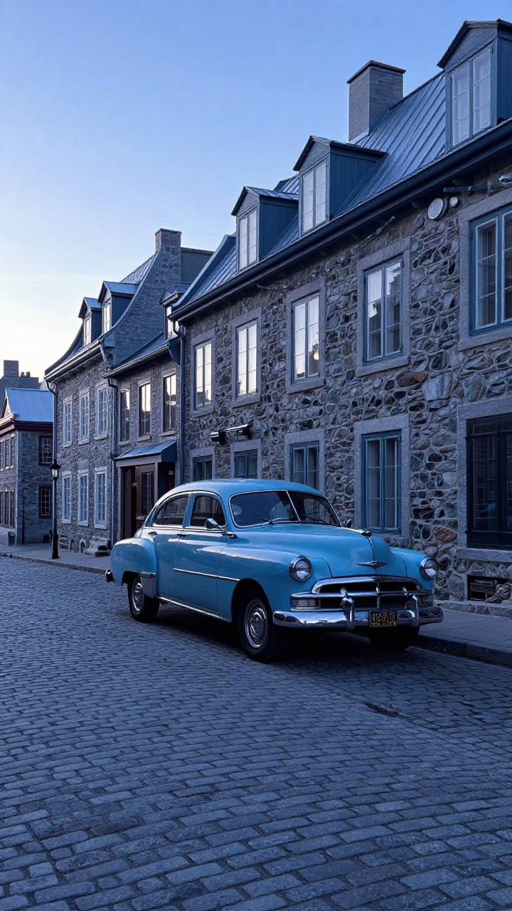 Early Morning Street Scene in Quebec City with Vintage Car and Cobblestones in in Quebec City, Quebec, Canada