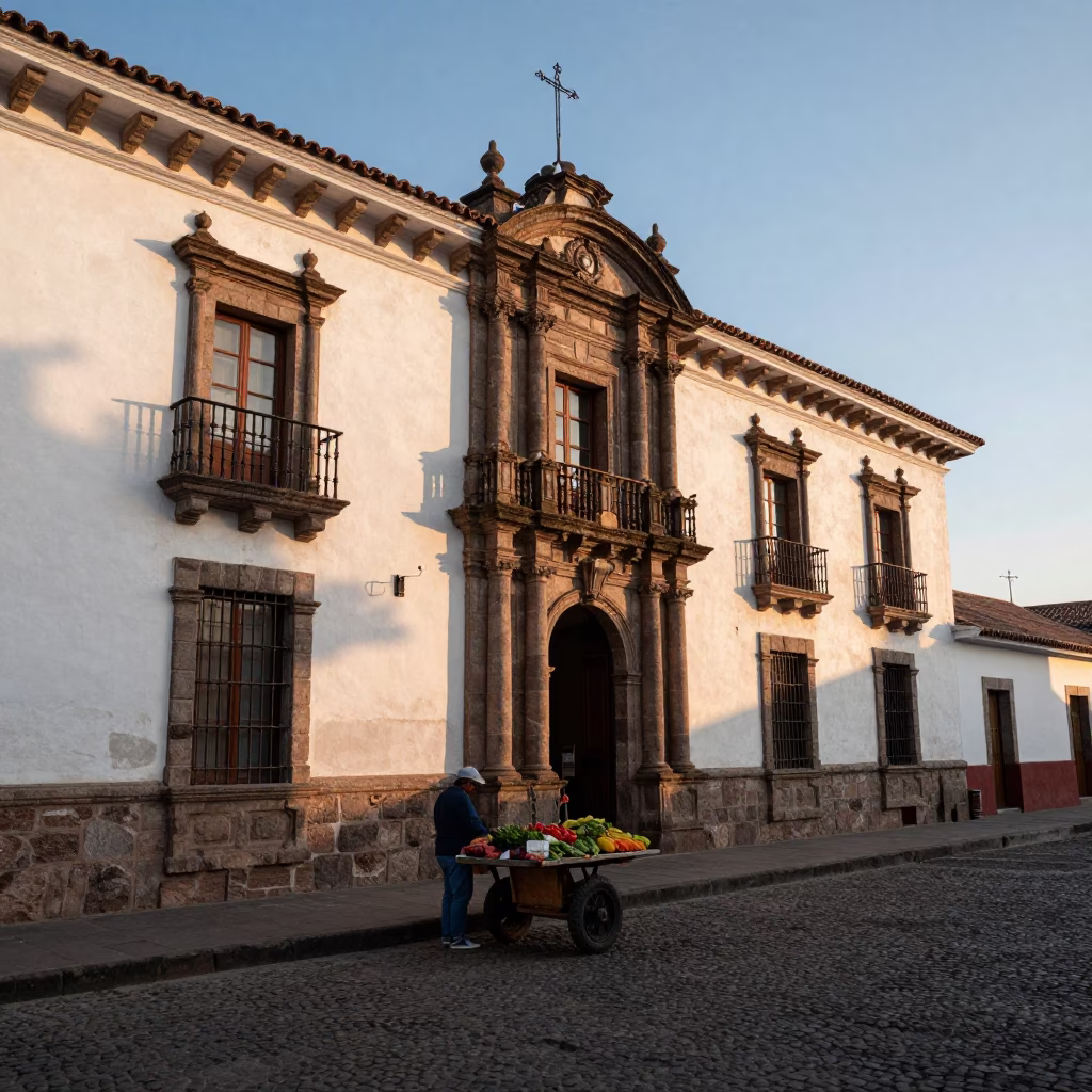 Early Morning Street Scene in Quito Ecuador Colonial Architecture and Local Life in in Quito, Ecuador