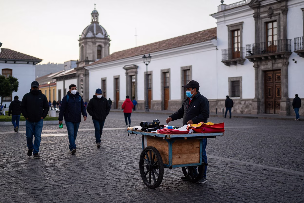 Early morning street scene in Quito Ecuador with local vendor and bicycle in in Quito, Ecuador