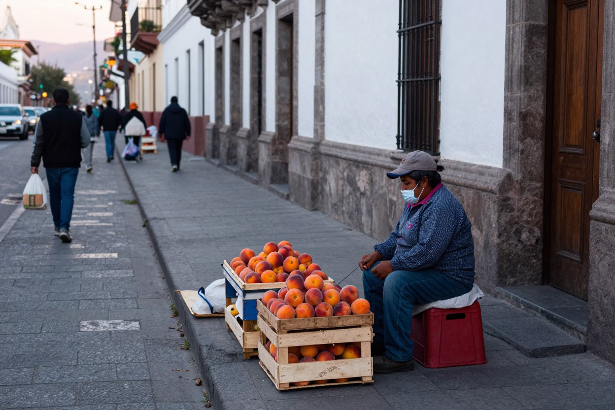 Early Morning Street Scene in Quito Ecuador with Local Vendor and Skateboarder in in Quito, Ecuador