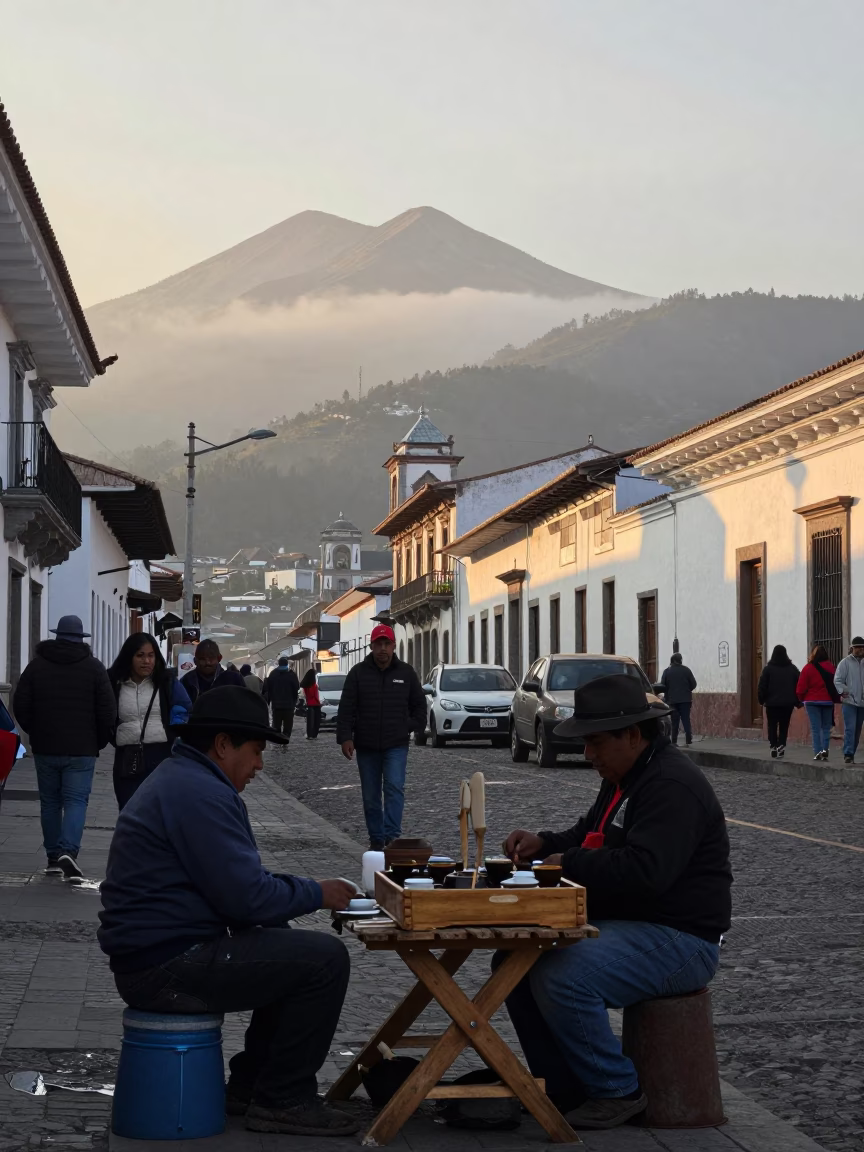Early Morning Street Scene in Quito Ecuador with Local Vendor and Tea Tray in in Quito, Ecuador